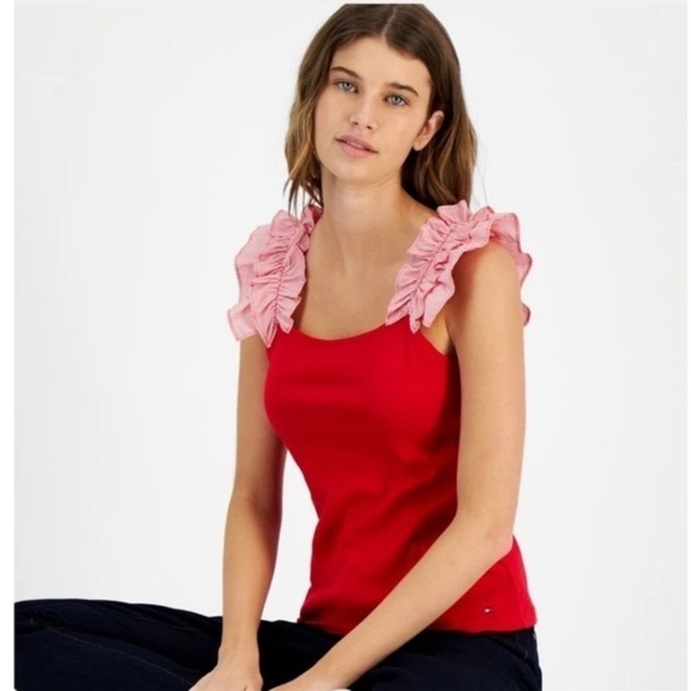 Tommy Hilfiger Red Seersucker Ruffle Strap Tank Top Cotton Knit XL